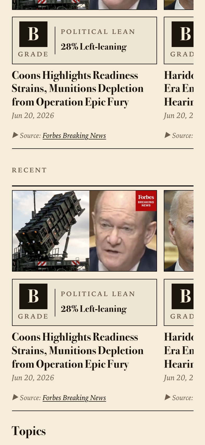 CladFacts home feed: report cards each showing a letter grade and a political-lean rating