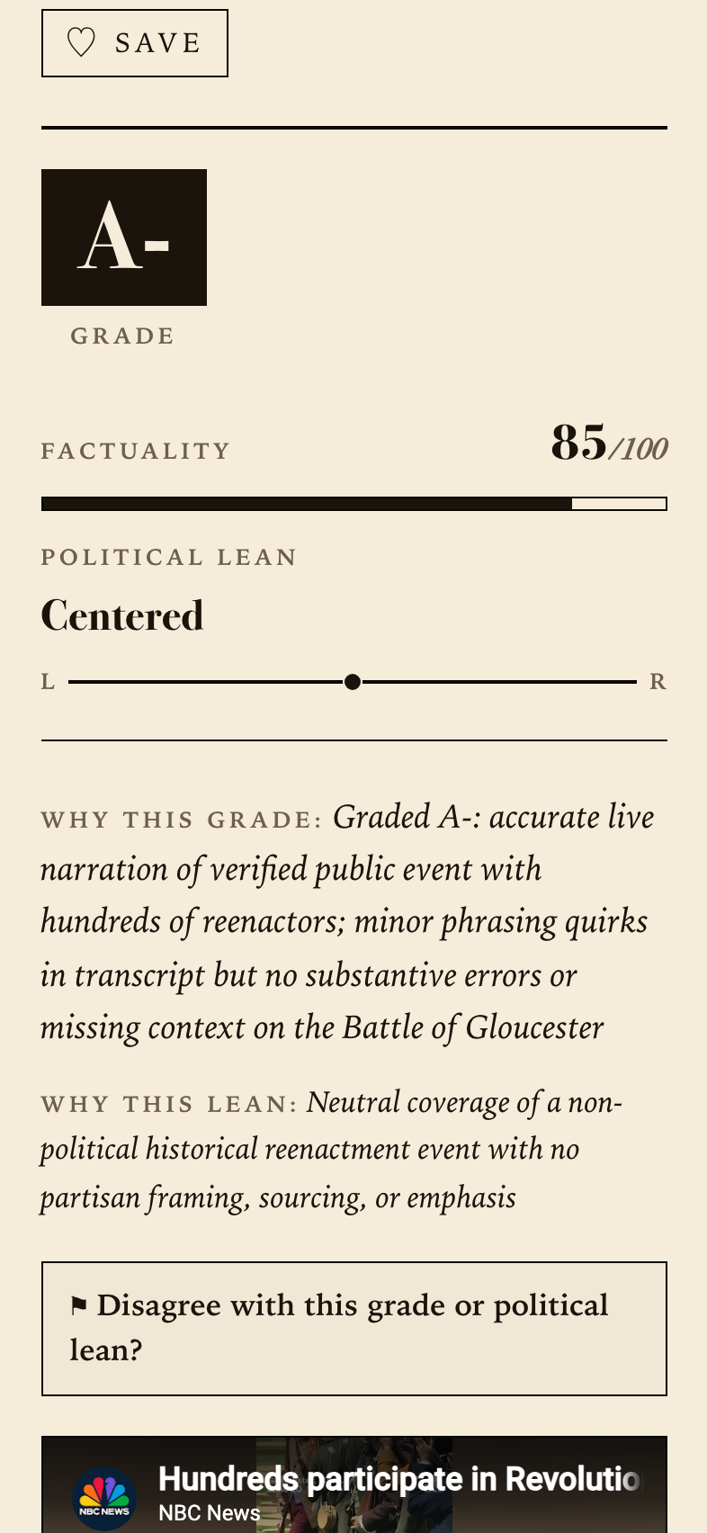 A graded report showing an A-minus grade, a factuality score of 85, a political-lean slider, and the reasons for the grade