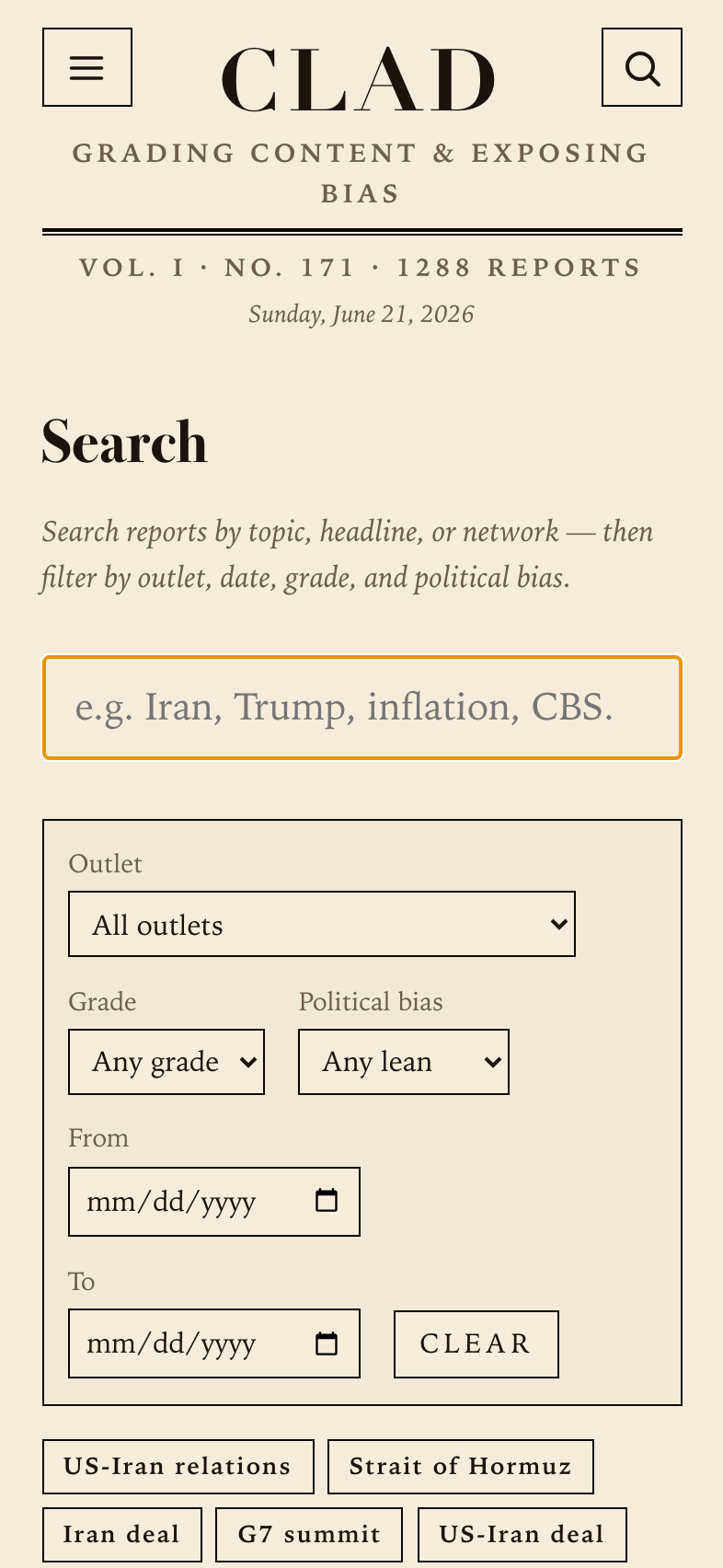 The search screen with a query box and filters for outlet, grade, political bias, and date