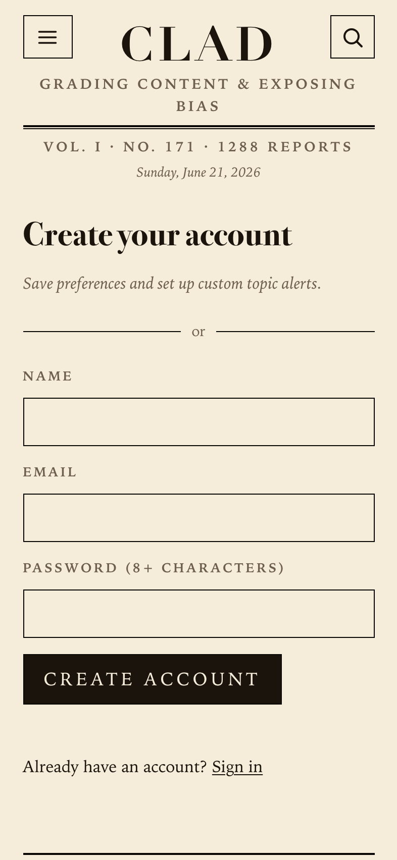 The create-account screen for a free CladFacts account